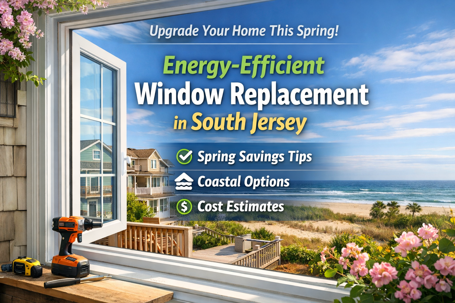 Energy-efficient window replacement in South Jersey home overlooking coastal beach with spring view, highlighting cost savings and installation benefits